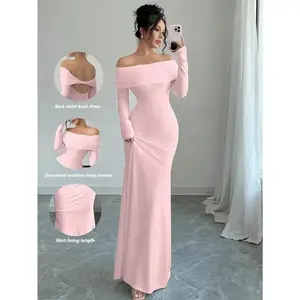 Elegant fitted long-sleeve cinched-waist double-layer off-shoulder backless twist fishtail hem ribbed knit dress, white, autumn/winter maxi women’s formal outfit fabric