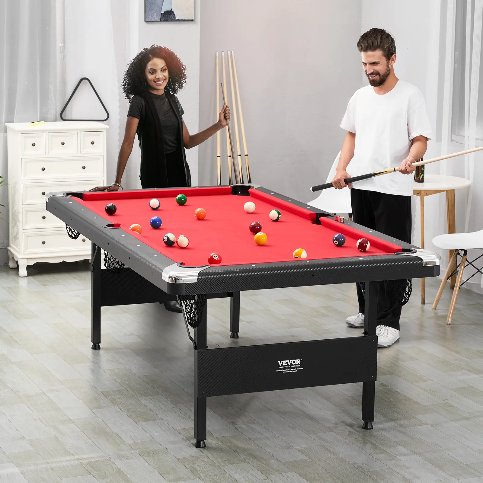 VEVOR Billiards Table, 7 ft Pool Table, Portable Foldable Space-Saving Table, Billiard Table Set Includes Balls, Cues, Chalks and Brush, Black with Red Cloth, Perfect for Family Game Room