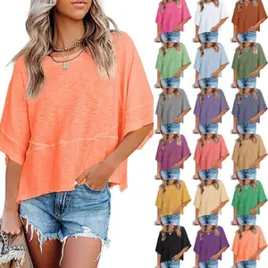 Imily Bela Women's Summer Casual Crewneck Batwing Half Sleeve T-Shirts Solid Color Loose Fit Cute Basic Flowy Tops Tees Blouses