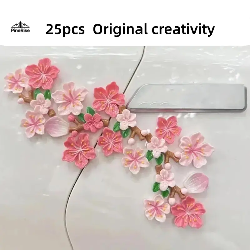 3D Stereo Peach Blossom Resin Car Sticker - Traceless Adhesive Decor Decal, Waterproof, Easy Pasting, Fade Resistant, Clean Removal, Long-Term Outdoor Use for Cars & EVs, DIY Luggage Bag Accessory, Layered, Personalized Vehicle Styling, Decorating My Car,