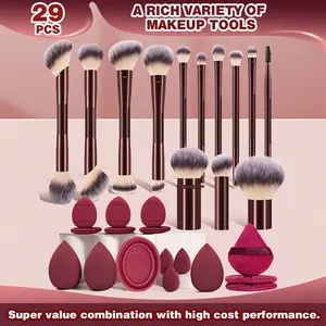 29PCS Makeup Tools Set Including: 13PCS Makeup Brush Set+3PCS Makeup Sponges+3PCS Mini Makeup Sponges+3PCS Triangle Powder Puffs+6PCS Mini Air Cushion Powder Puff+1pc Makeup Brush Cleaning Tools