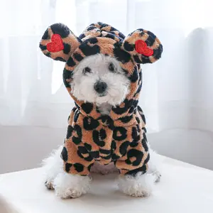 Heart Leopard Print Small Ears Hoodie for Pets, Cat Dog Winter Jacket, Teddy Bichon Pomeranian Yorkie Clothes, Clothing