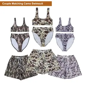 Couple Matching Camo Swimsuit, High Waisted Bikini for Women & Drawstring Swim Trunks for Men, Camouflage Beachwear, Quick Dry, Summer Vacation Outfit