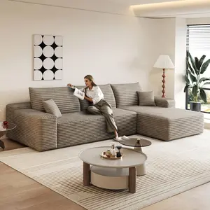 107.5" Boneless L-Shaped Sectional Sofa with Right-Facing Chaise, Plush Corduroy Modular Couch, Modern Deep-Seat Upholstered Sofa for Living Room, No Assembly Required (Camel), Boneless Sectional Couch