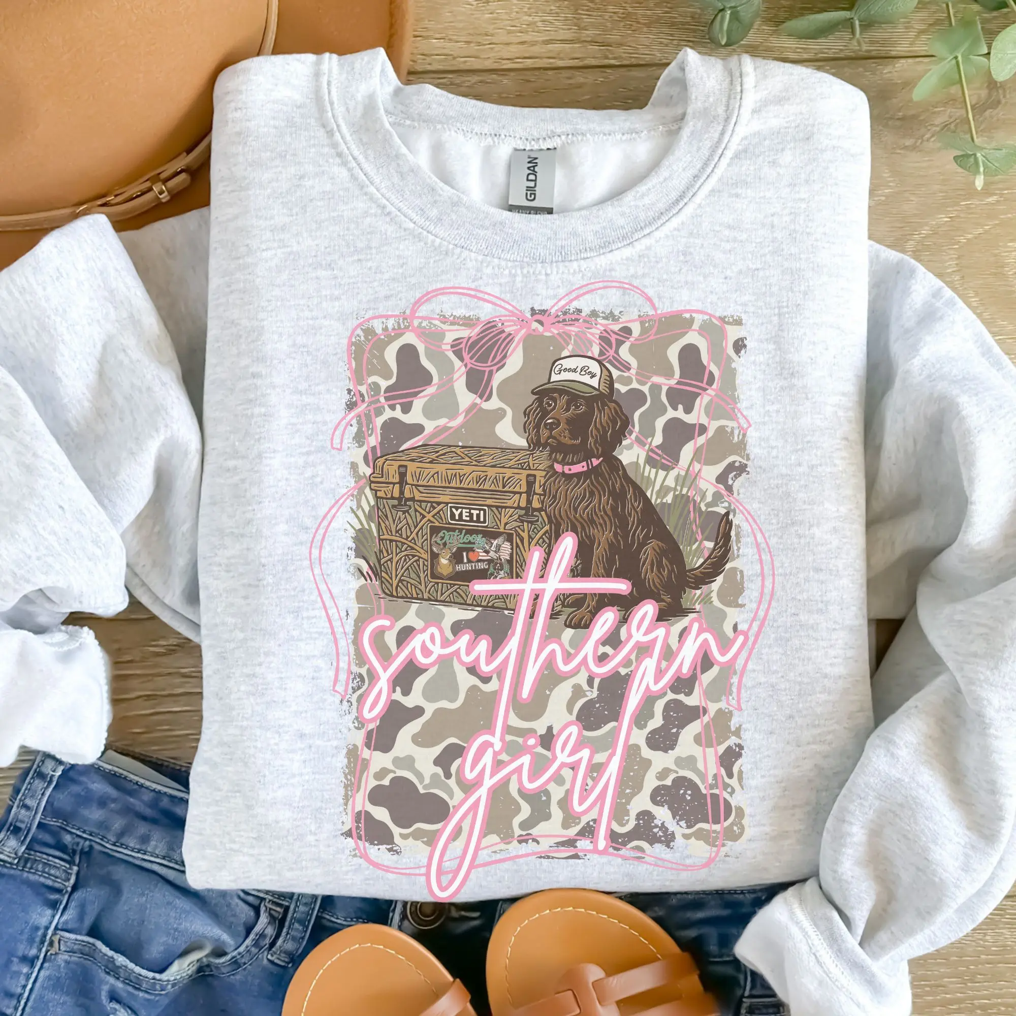Southern Girl Dog with Cooler Unisex Jersey Sweatshirt - Ash Grey, Sublimation, Southern Girl Dog Design, Loveable, Polyester Fabric, Perfect Fits, Women's Tops Clothes