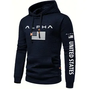 Men's Patriotic American Flag Letter Printed Hoodie - Sexy Slimming Waffle Texture, Machine Washable Spring/Autumn Casual Hoodie, Spring/Autumn Apparel