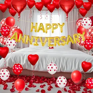 Easter Gift Romantic Happy Anniversary Decorations Kit – Gold Balloon Banner, Red & White Balloons, Heart Balloons & 1000 Red Rose Petals