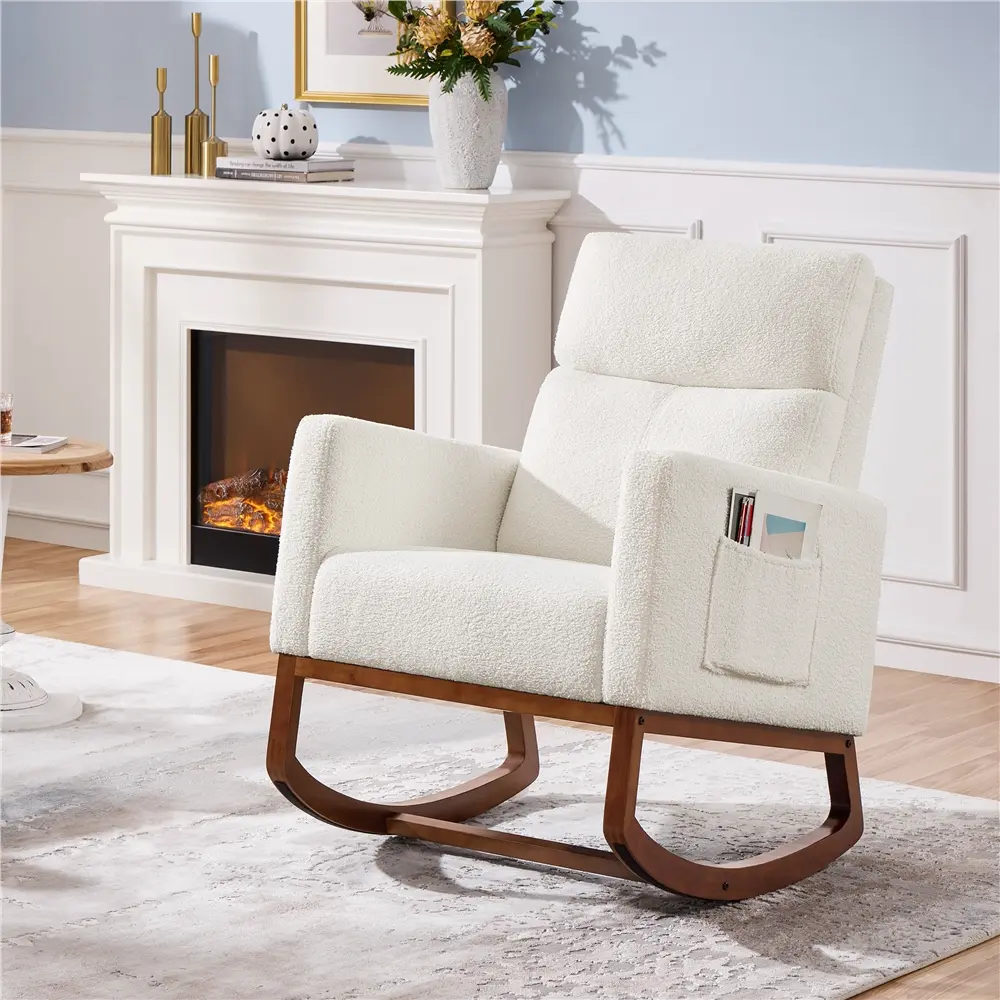 Costoffs Modern Upholstered Rocking Chair - Armrest, Boucle, Comfortable, Cushioned, Decorative Indoor Chair with Solid Wood Legs, High Back, Side Storage Pockets for Small Spaces, Armrest Rocking Chairs, Boucle Rocking Chairs