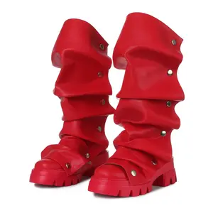 EROCALL Women's Knee High Thigh High Slouchy Boots Round Toe Ruched Stiletto Heel Shark Booties for Office Party Walking Shoes Footwear