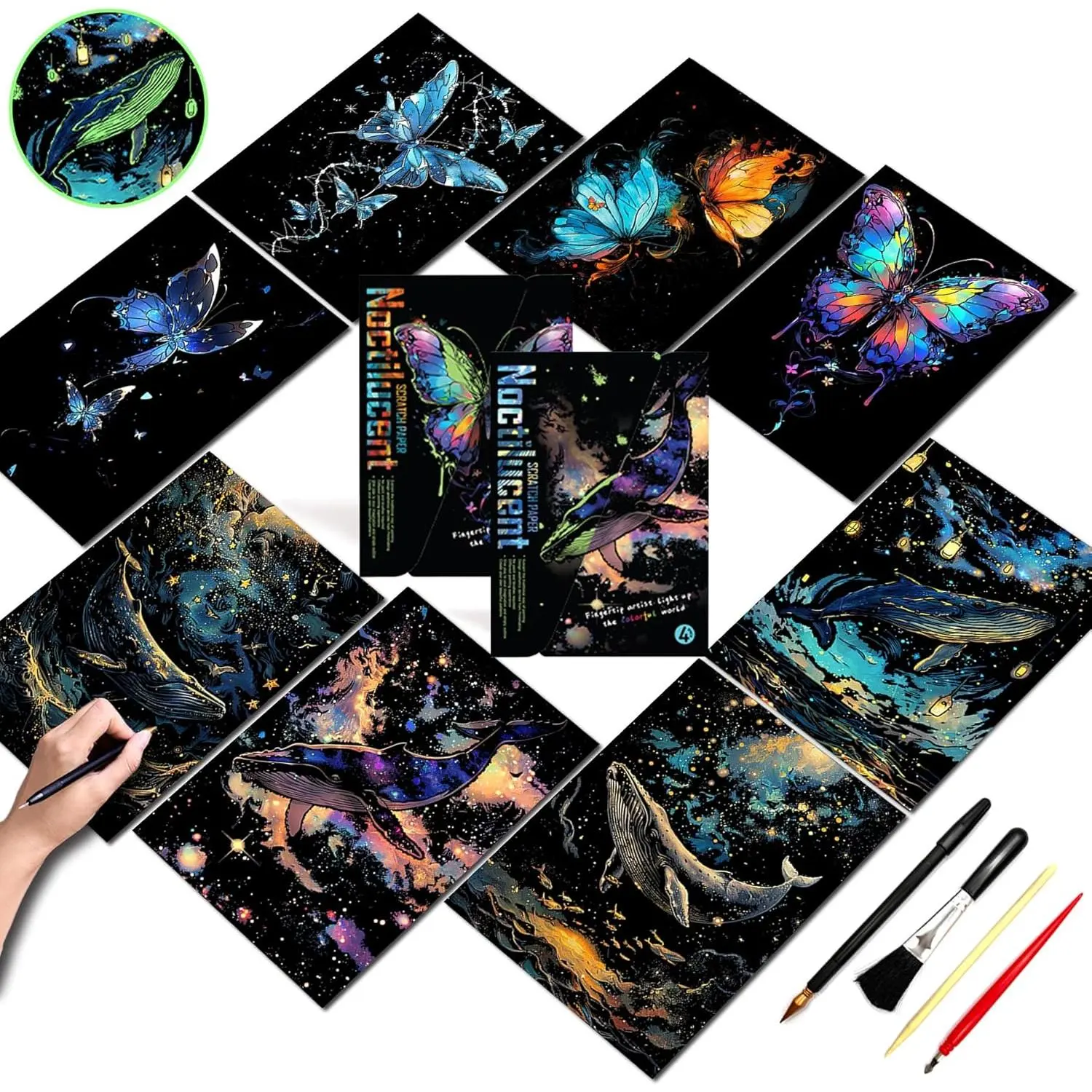 Scratch Art for Adults and -Glow in The Dark Scratch Painting Craft Kit (8 Sheets A4)|DIY Foil Engraving Art Set|   for Travel Lovers,Craft Lovers, Decors (Butterfly & Whale)