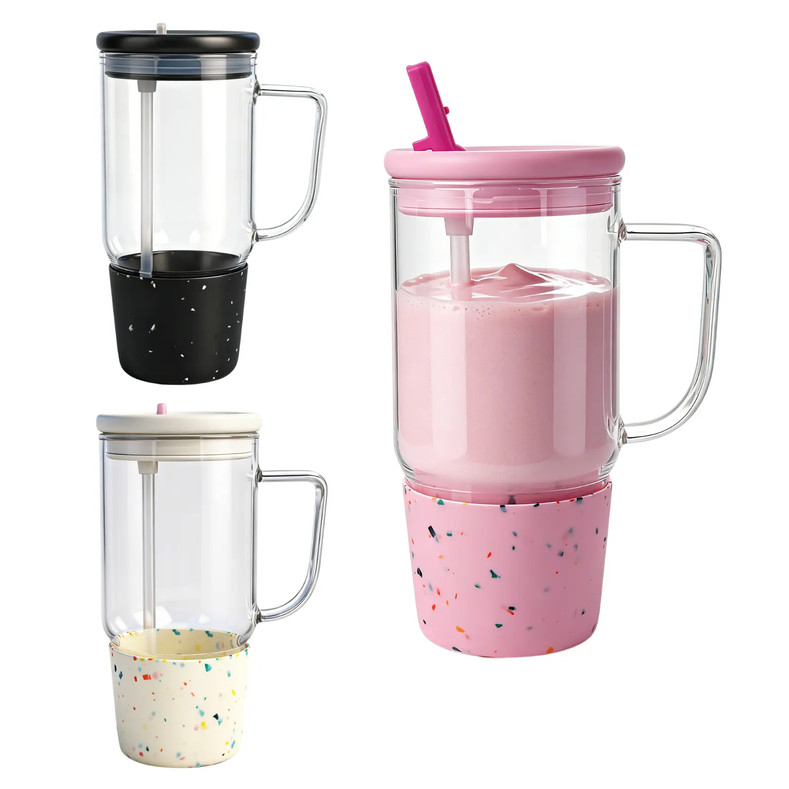 ANOTION Summervibes 40oz Leakproof Glass Tumbler with Handle & Straw, Car Cup Holder Friendly, Silicone Bottom, Reusable Water Cup for Travel, Work & Daily Hydration