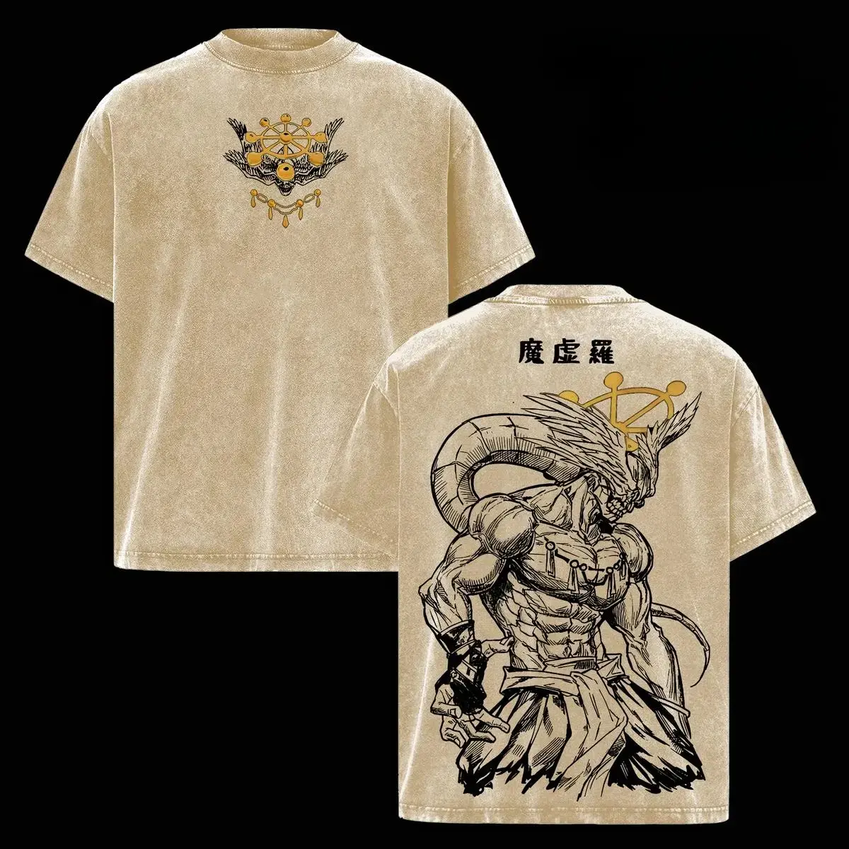 Men's Jujutsu Kaisen Mahoraga Graphic T-Shirt - Classic JJK Street Fashion, Raw Wash Vintage, Oversized Relaxed Fit, Seamless Short-Sleeve, Breathable Pure Cotton, Round Neck, Quarter-Zip Truck Style, Foldable, All Seasons, Gift for JJK Fans, Jjk Fashion