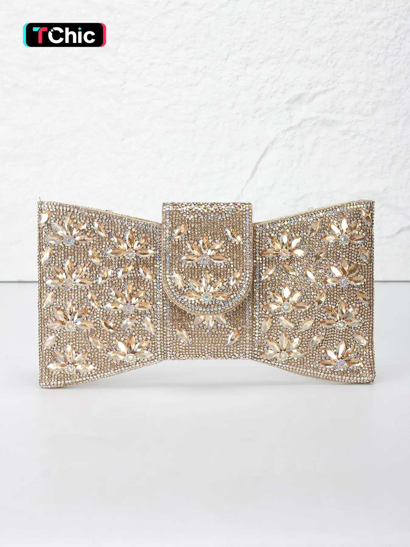 Elegant Bow Women's Evening Fashion Clutch, Handbag, Wallet, Rhinestone Flowers, with Long Chain for Convertible Shoulder Bag, Perfect for Weddings, Parties, Banquets, Christmas, and More, Elegant Stylish Purse, Evening Chain Purses