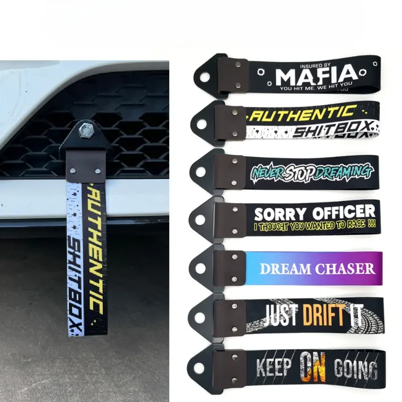 Car Decoration 1PC New JDM Tow Strap Car Trailer Strap Tow Bar Nylon Car Tow Rope Hook Front Bumper Decorative Tow Hook Tuning shitbox mixed color cool car accesories auto push pin rivet bling part universal mount funny hat leather arm rest armrest cover