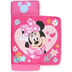 Jay Franco Kids Nap Mat with Embedded Pillow & Blanket  Minnie Mouse Soft 46"x20" Microfiber Sleeping Bag with Name Tag & Handle for School, Travel, Sleepover, Pink