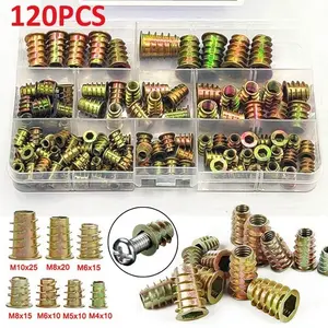 120 Piece Set Zinc Alloy Threaded Inserts M4 M5 M6 M8 M10, Wood Embedding Nuts Flange Hex Drive Head Furniture Bolts