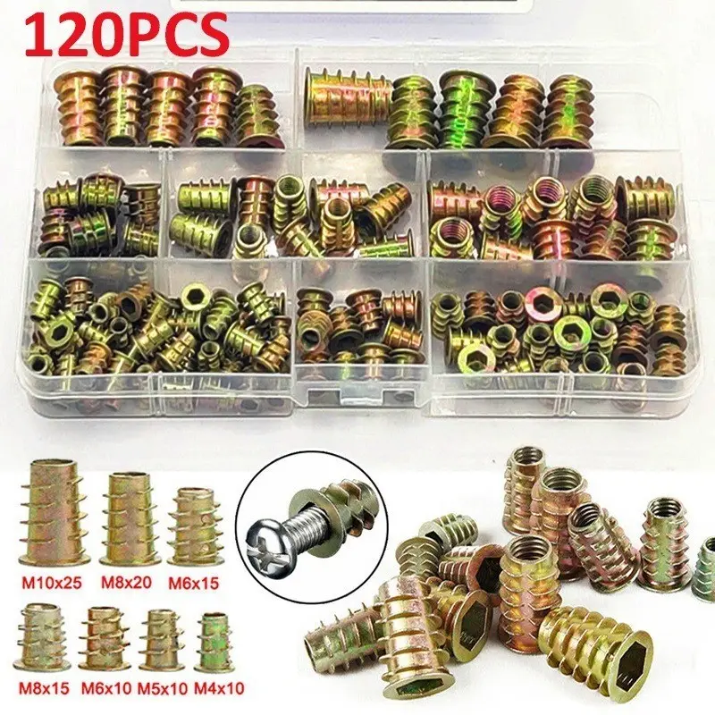 120 Piece Set Zinc Alloy Threaded Inserts M4 M5 M6 M8 M10, Versatile Sizes Wood Embedding Nuts Flange Hex Drive Head Furniture Bolts