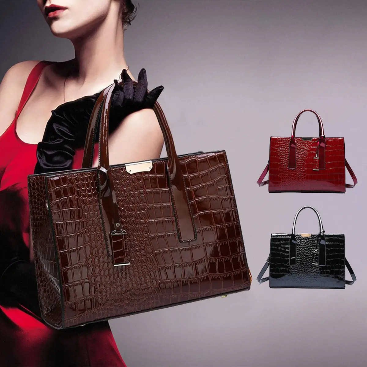 Women's Large Capacity PU Leather Crocodile Pattern Handbag - Elegant Satchel, Durable Messenger Bag, Sling Bag for Travel, Festive Gifts, Handbag Sling Bag