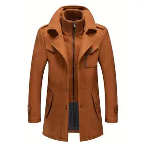 Men's Stand Collar Wool Blend Pea Coats With Removable Inner Collar Single Breasted Overcoat