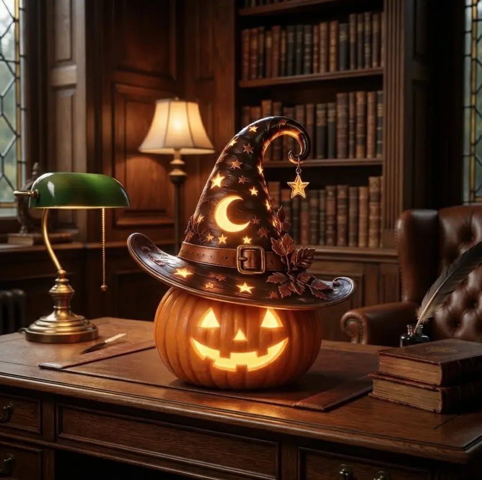 Halloween Pumpkin LED Lamp - Witch Hat & Black Cat Figurine Home Decor, Spooky Night Light for Mantle, Tabletop, Unique Fall Aesthetic Gift for Witchy Vibes, Halloween Gift Ideas