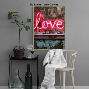 Love Letter Neon Sign Canvas Painting without Frame, 1 Count Creative Wall Art Painting, Wall Art Decor for Home Living Room Bedroom Office