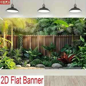 2D Flat a Lush Garden Background Banner a Realistic Tropical Garden Scene with a Wooden Fence And Dense Greenery Design, Available in Multiple Sizes Made of Polyester Material, Suitable for Year-Round Indoor/Outdoor Garden Decorations