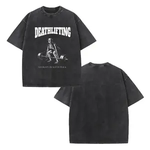 Vintage Black Deathlifting T-Shirt Oversized Washed Skeleton Weightlifting Print Gym Top