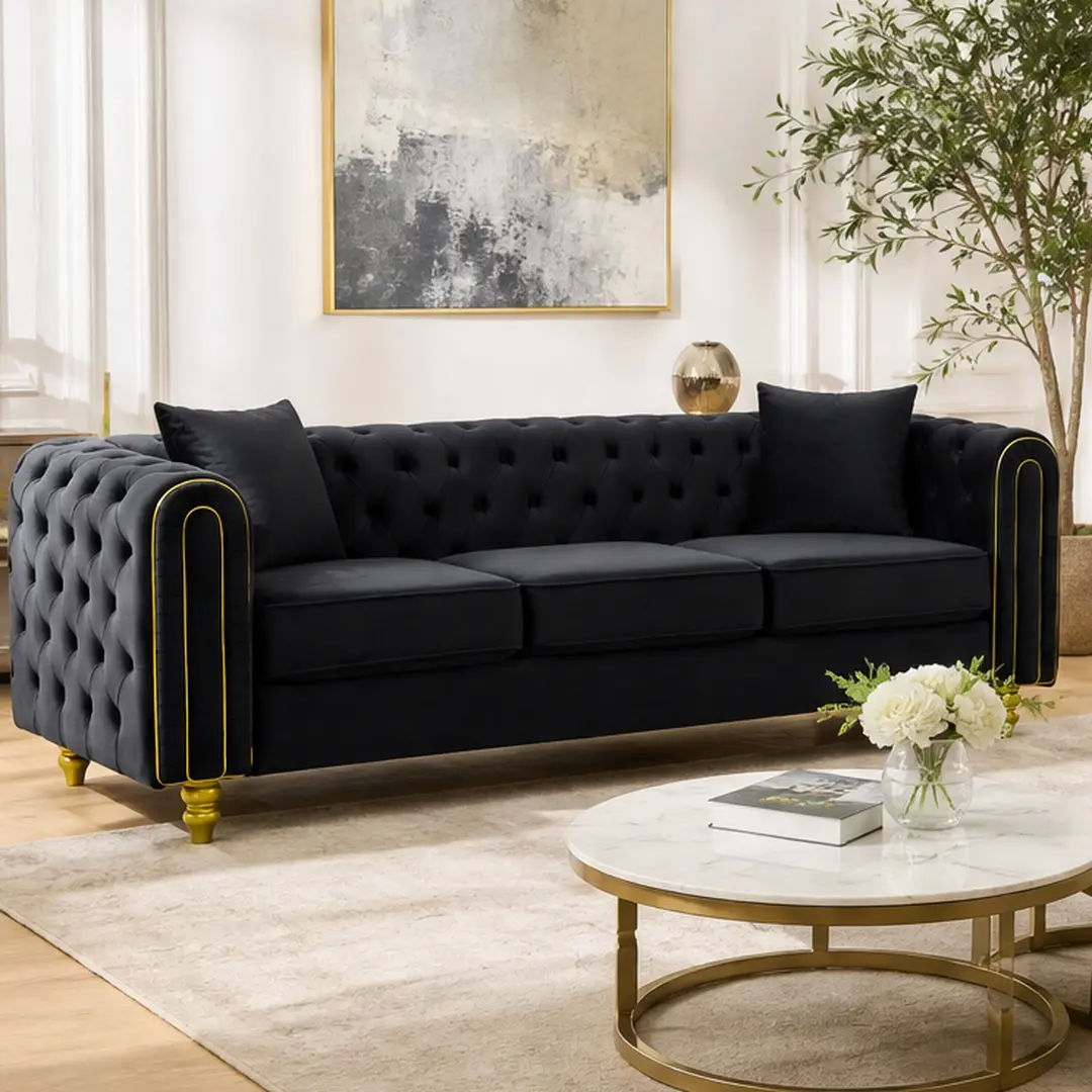 ARCH 86" Sturdy Modern Velvet Sofa - Velvet Couch, 3/5/6-Seat Options, Button Tufted Rolled Arms, Gold Legs, Chesterfield Design, 100.76/124.08 lb, 31.00" W x 63.00" D x 29.50" H, Black/Beige/Green Indoor Living Room Furniture, Indoor Couch, Decorative So