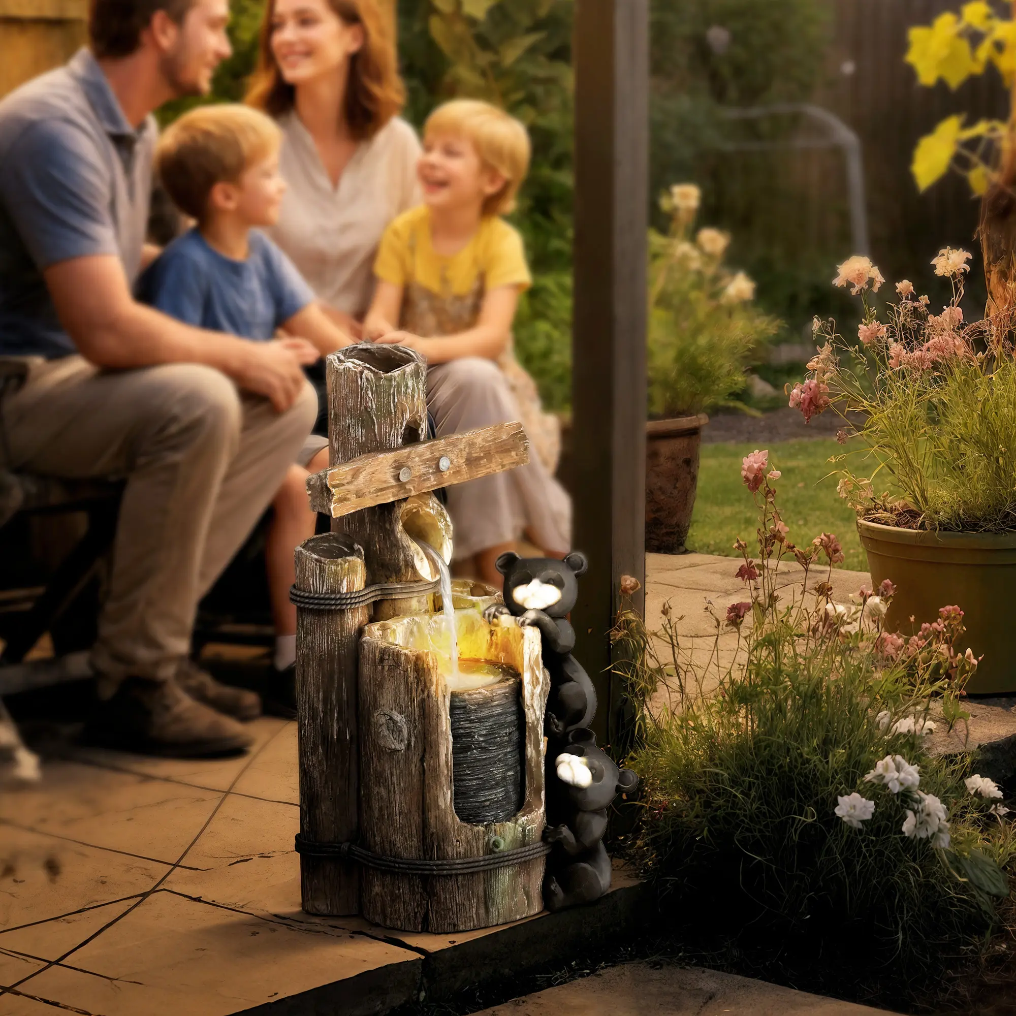 Outsunny 22.8" Tall Outdoor Resin Water Fountain - 3-Tier Floor-Standing Bear Design with Log Base, LED Lights, Pump for Garden, Patio