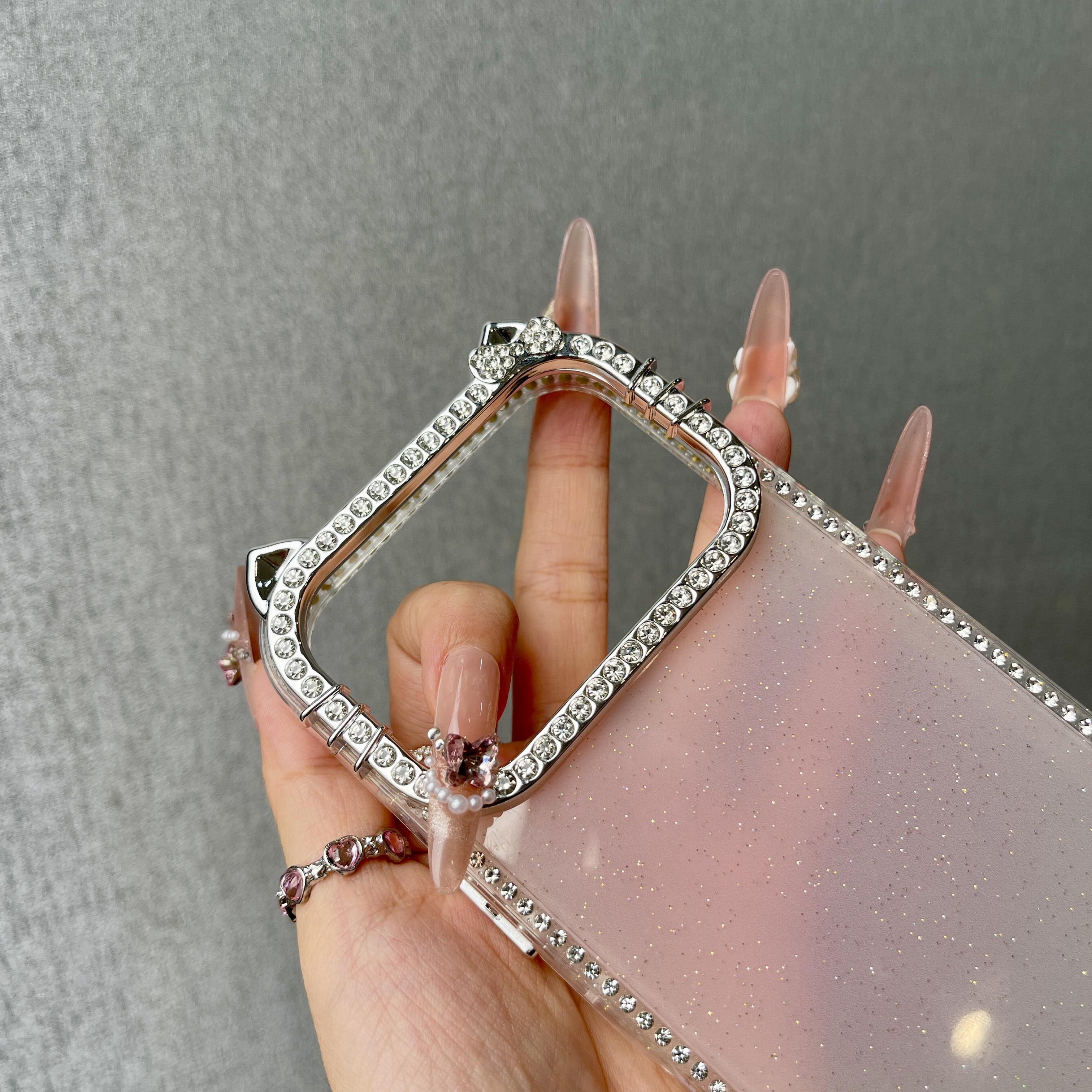 DIY Glitter Clear Phone Case with 3D Butterfly & Rhinestone Charms, Bling Cat Ear Diamond Frame Customizable Protective Cover for IP 17 PROMAX junk