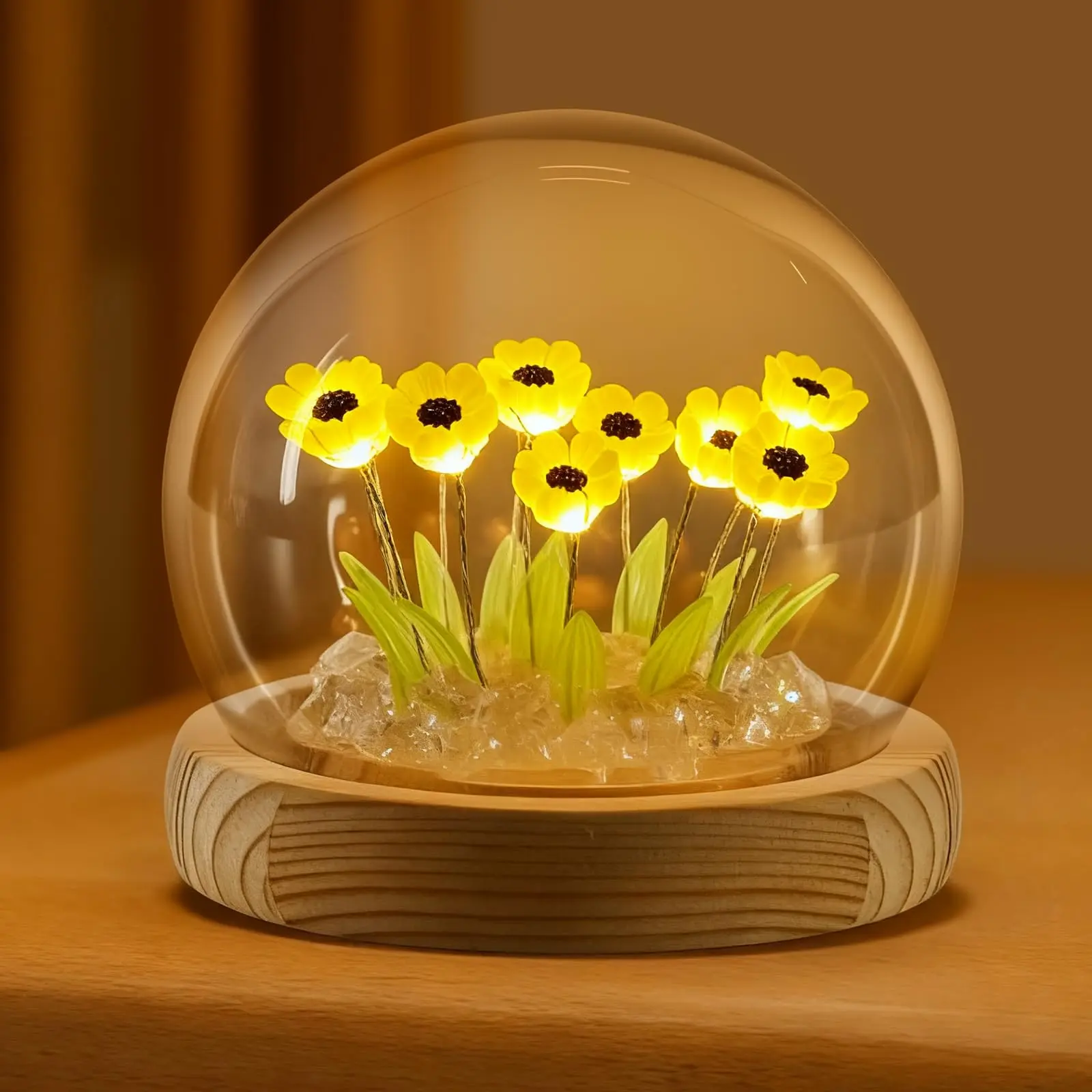 Handmade Sunflower LED Decorative Night Light, 1 Piece, 10/20 Artificial Sunflowers, Glass Cover with Base, Battery Powered, Bedroom Decor Gift