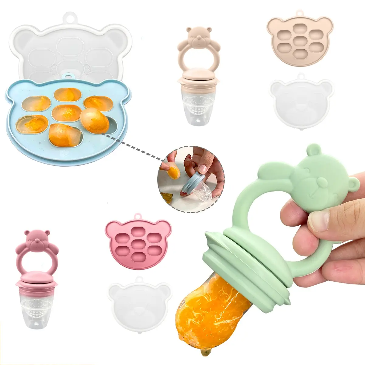 Cartoon Bear Shaped Pacifier, 2 Pieces Set Silicone Baby Feeding Accessories, Baby Fruit Vegetable Food Feeder with Ice Cube Mold Tray, Silicone Fruit Teething Tool, Infant Drinking & Feeding Supplies-MM1