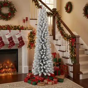 6FT Christmas Tree Artificial Plant with 358 Snowy Tips Flocked Pencil Slim PVC Space-Saving Realistic Snow Sturdy Metal Stand Easy Setup Party Decor FBA Shipment Ornaments Decoration