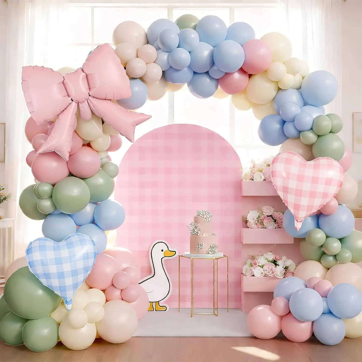 Silly Goose Balloon Arch with Checkered Heart Bow Foil Balloons, Party Balloons Decorations, Pink Blue Sage Green Sand White Ivory Balloon Garland for Girls Boys First Birthday Baby In Bloom Baby Shower Flower Fairy Tea Decor