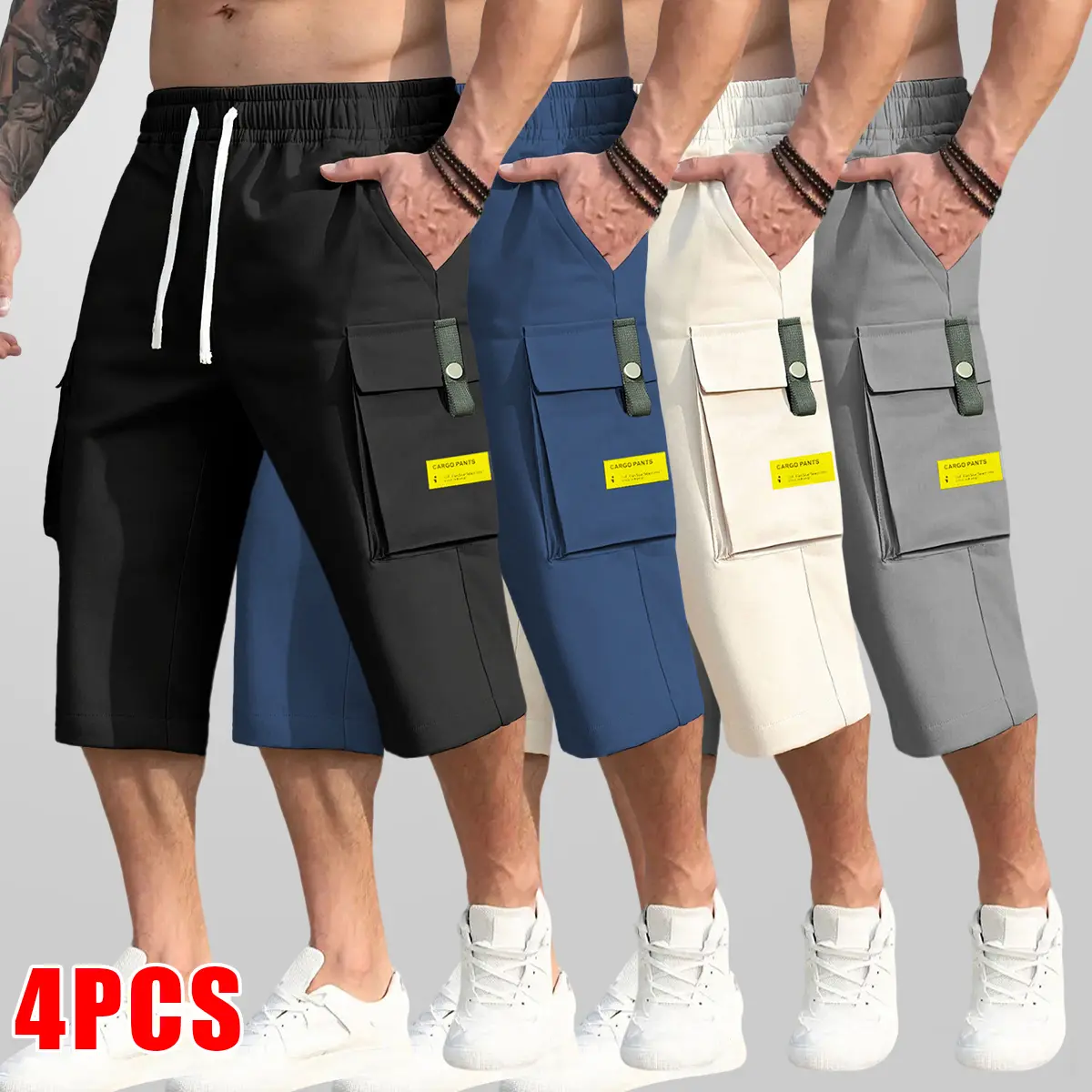 4 pcs men’s solid-color cargo shorts, lightweight stylish shorts with flap pockets; available in multiple colors; four-way stretch fabric with stretch; men’s outdoor work shorts; sports casual shorts, Father’s Day gift idea