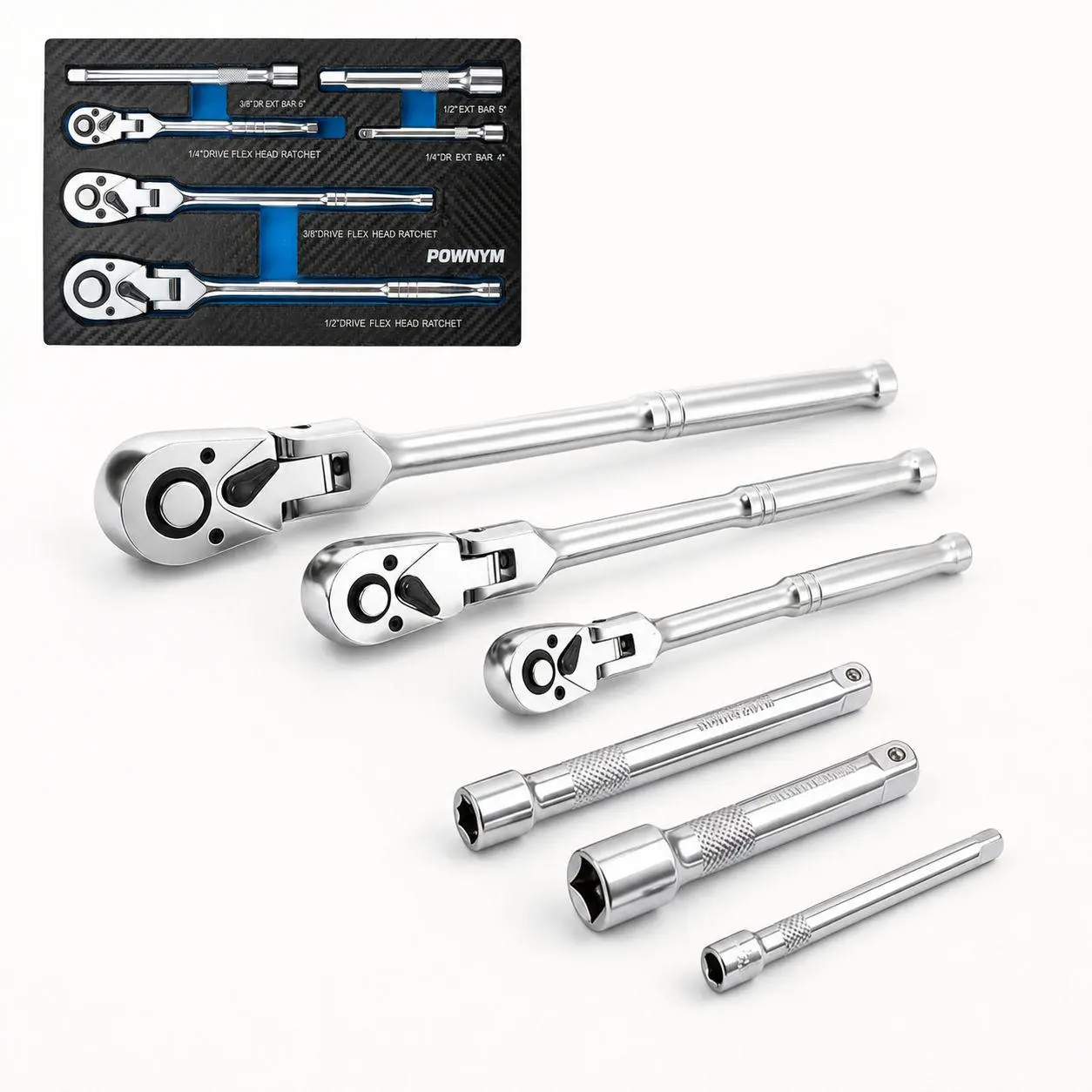 POWNYM 6-Piece Flex Head Ratchet Set, Chrome Vanadium Steel, 1/4", 3/8", 1/2" Drive with Extension Bars, 72 Tooth 180° Adjustable Quick-Release Professional Swivel Head Ratchet Wrench Gift Set