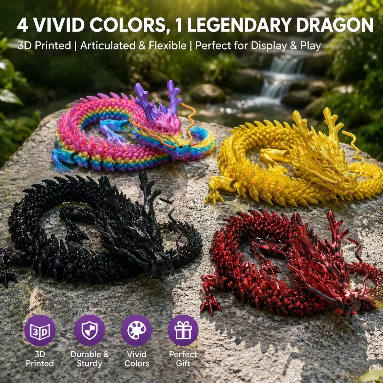 Gold Artistic Jointed Snake-Dragon Hybrid Plastic Sculpture (35.4 in) - Glam Metal Printed 3D Fidget Figurine, Moveable Joints, Realistic Eyes, House Desk Decor, Halloween Gift, Large Display Home Statue