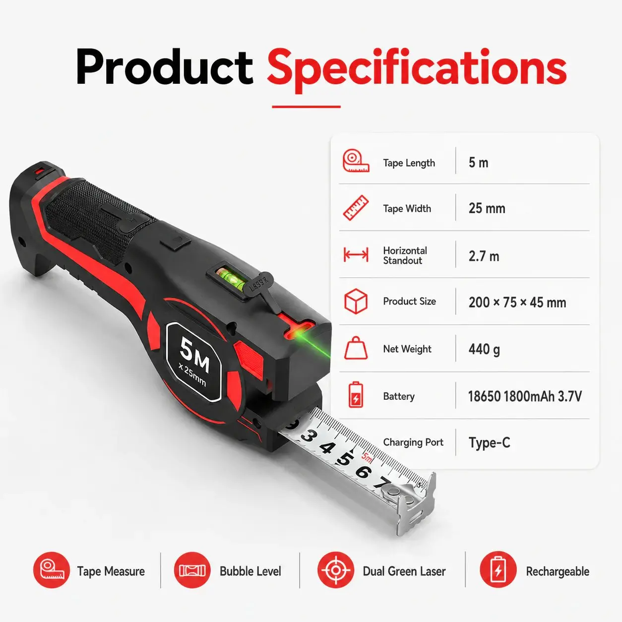 3-in-1 Laser Tape Measure – Digital Laser Distance Meter with Retractable Measuring Tape & Precision Level, Multifunctional Measuring Tool for Construction, DIY, Home Improvement, Woodworking, Interior Design & Professional Use