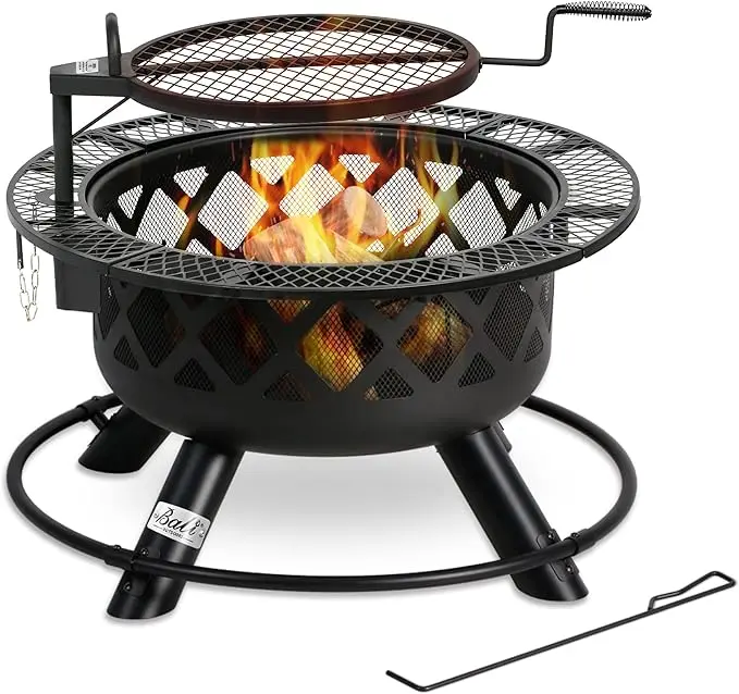 Wood Burning Fire Pit,Outdoor Backyard Patio Fire PitWood Fire Pit with Adjustable Grill, with Cooking Grate Outdoor Fireplace with Cooking Grill Firepit Grill,Large Wood Burning Patio Fire Pits for Outside