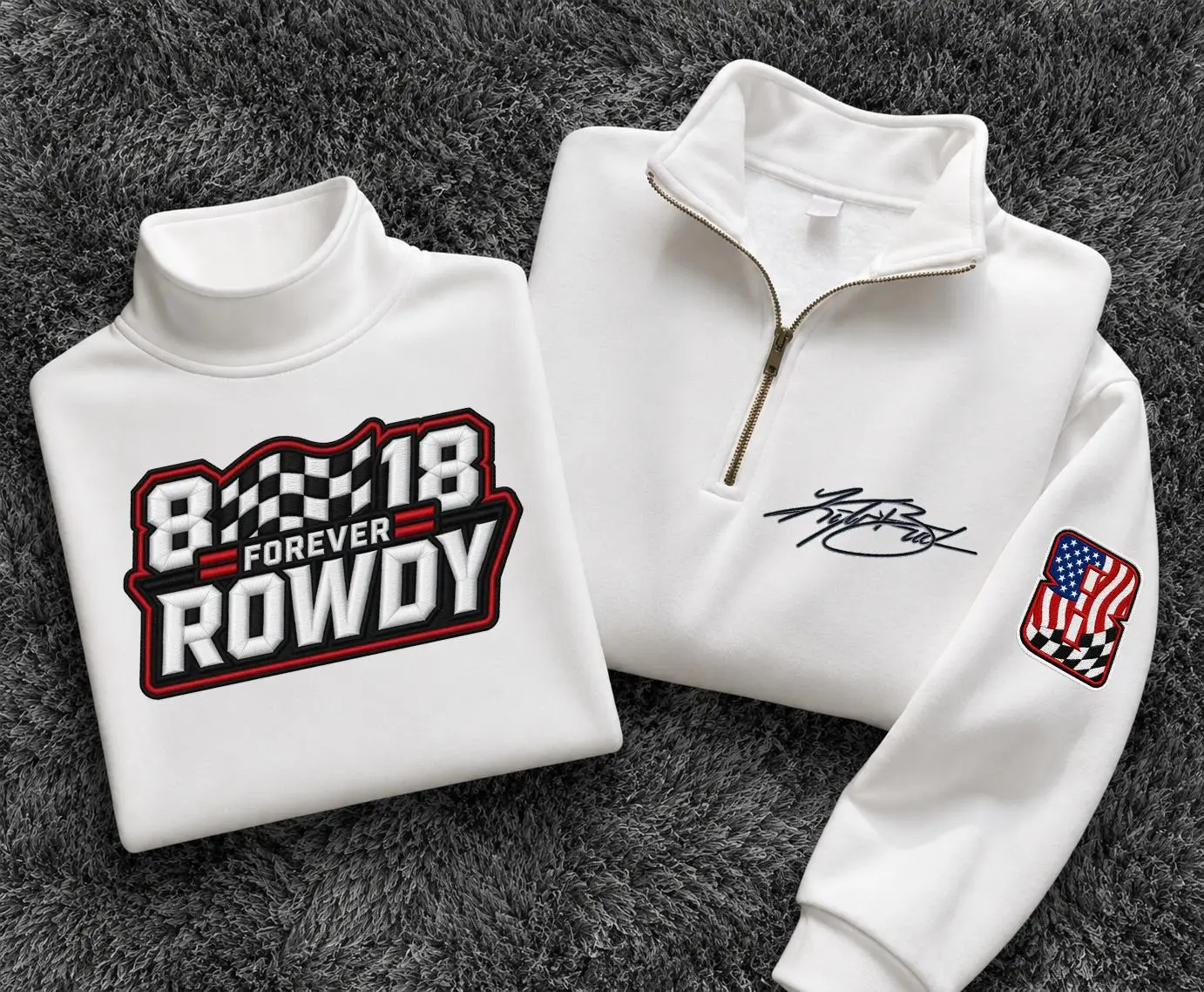 Racing “ROWDY 18” Embroidered Sweatshirt Set, 8 Forever Racing Streetwear Quarter Zip Pullover, NASCAR Inspired Vintage Motorsport Hoodie, American Flag Checkered Racing Apparel