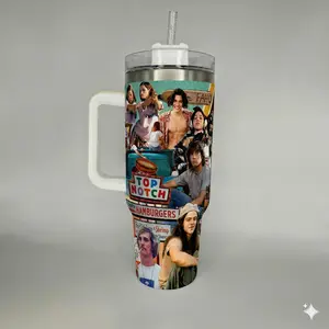 Dazed and Confused Top Notch Hamburgers 40oz Tumbler With Handle, Retro Movie Collage Insulated Travel Mug, Fan Gift Cup