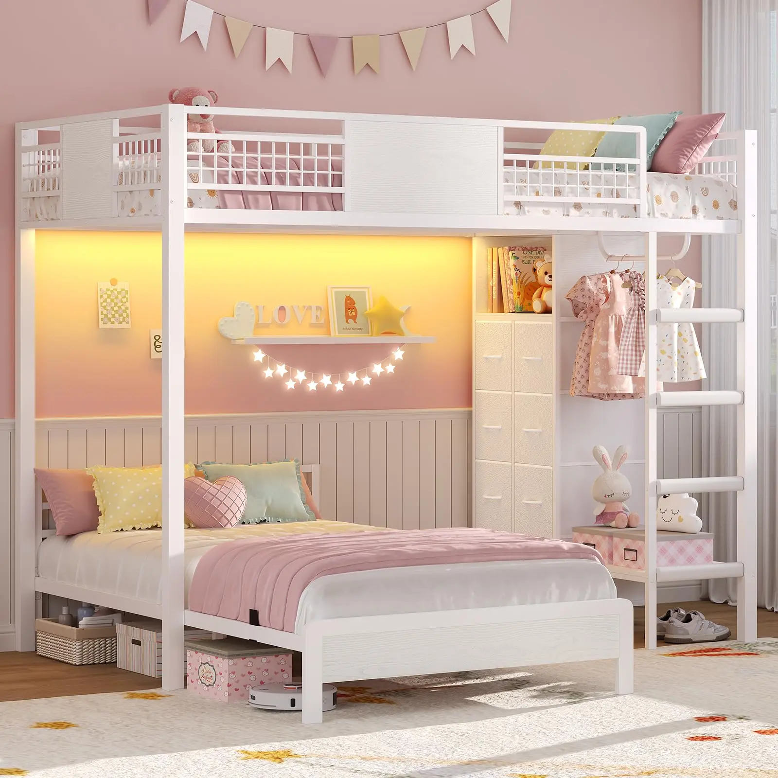 SIKAIC Twin Over Twin Bunk Bed with 8 Storage Drawers, Metal Bunk Bed with LED Lights & Storage Shelves, Loft Bed with Ladder & 13.4" Safety Guardrail, Home Furniture[tiktokshopbacktoschool]