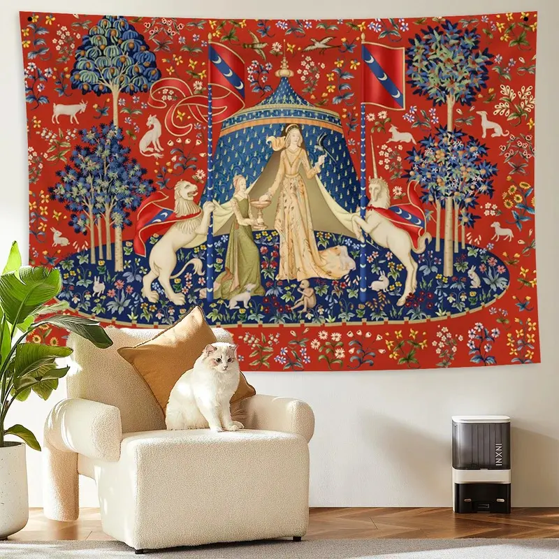 Large Rectangular Retro Medieval Lady and Unicorn Synthetic Polyester Tapestry - Colorful Euro Flower Red Print, Pirates Map Themed, Strong Wall Hanging with Nails, Room Accessories for Home Decor, Decorative