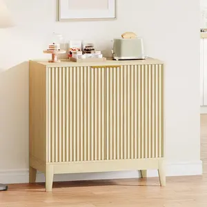 Sideboard Buffet Cabinet, 31.5" Storage Cabinet with 2 Fluted Doors and Adjustable Shelves, Sideboard Console Accent Credenza for Dinning Room, Kitchen and Living Room- Oak