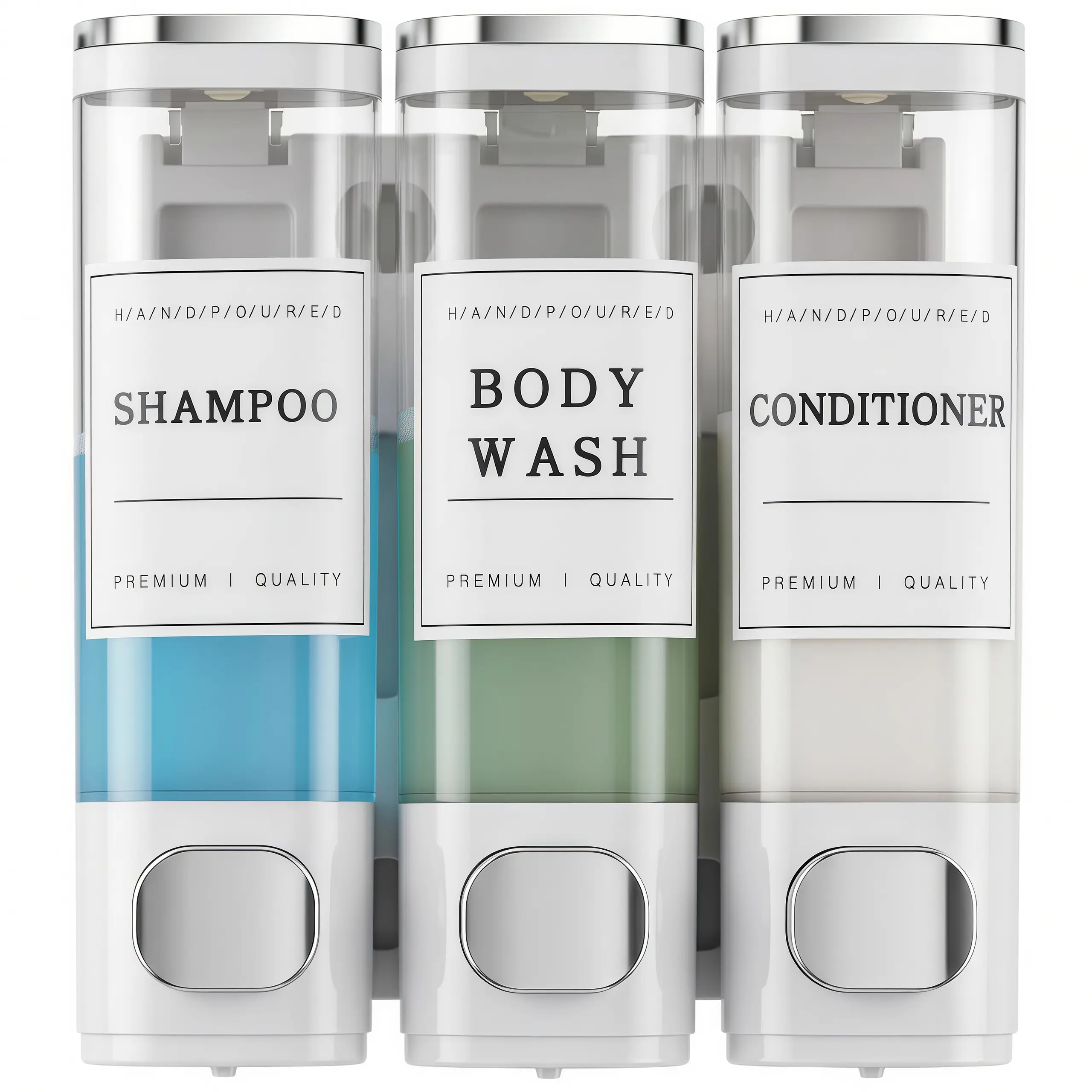 LMMAKE 1SET Wall-Mounted No-Drill Shower Soap Dispensers, 3×300ml Silver Shampoo & Conditioner Dispensers with Labels, Suitable for Bathrooms & Hotels
