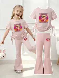 Summer Girls' Set Cappuccina Ballet Girl Pattern Retro Cool Style Home School Outdoors Drawstring Short Sleeve Flared Pants Two-Piece