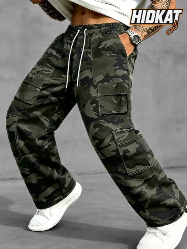 Men’s Loose Camo Utility Pants | Modern Urban Street Grey Camo Trousers, Multiple Side Flap Pockets, Stretch Drawstring Waist, Toggle Ankle Cuffs, Everyday Street & Outdoor Activity Wear