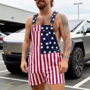 Y2K Style American Flag Denim Suspenders Shorts | Unisex Stretchy Patriotic Bib Overalls with Pockets | Comfortable USA Themed Jumpsuit for Summer Beach Parties and Independence Day Gatherings