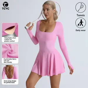 TCVC Women's Solid Criss Cross Backless Sports Dress Sporty Scoop Neck Long Sleeve Tennis Dress for Indoor Outdoor Wear Comfortable Fabric Soft & Skin Friendly,fitness gym wear,Women's Stretchy Casual Dress with Shorts bodycon mini dress Workoutdress
