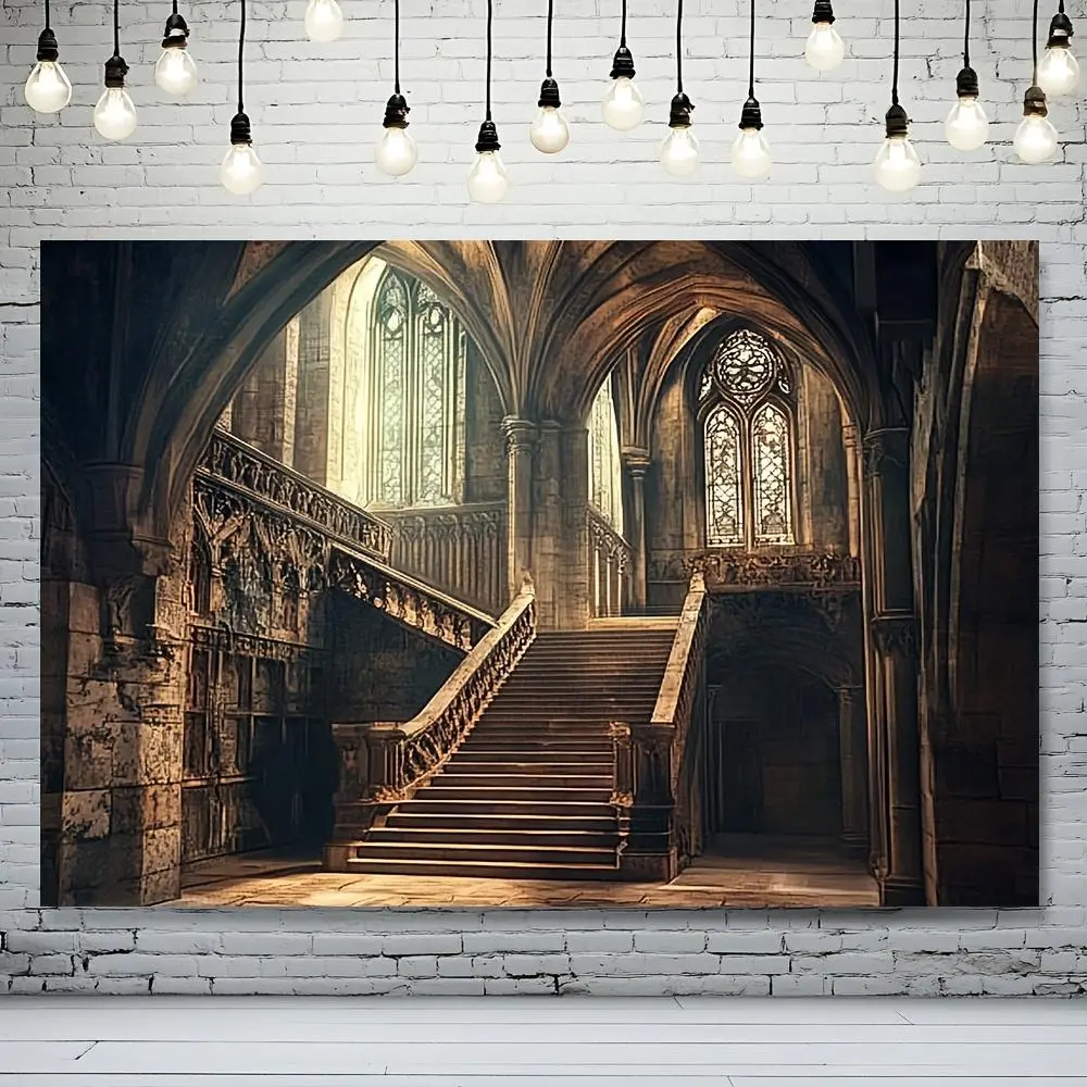 1pc Vintage Castle Printed Polyester Knit Standing Banner - Arched Backdrop Frame-Compatible, Machine Washable, Cordless, Indoor Wedding Party Backdrop for Christmas Ceremony, Home Stairway Curtain